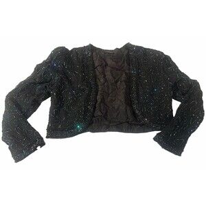 Pure Silk Women's Black Beaded Open Front Bolero/Shrug Jacket Lined Size M